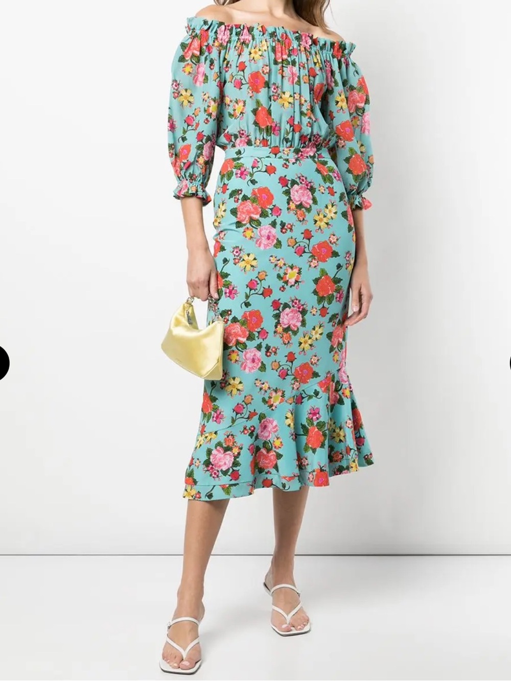 Saloni Grace Floral Off Shoulder Silk Midi Dress